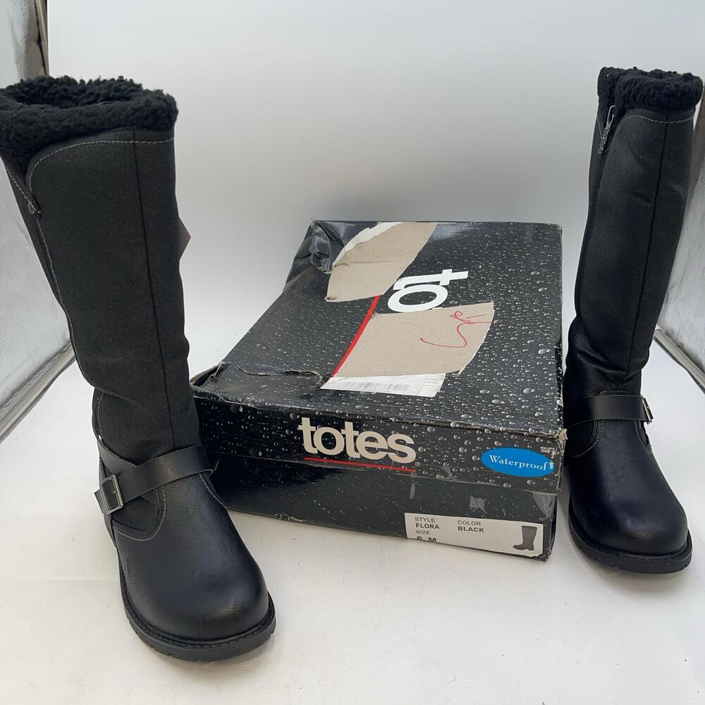 Totes Flora Boots Womens Black Waterproof Knee High Faux Fur Zip New Size 6
